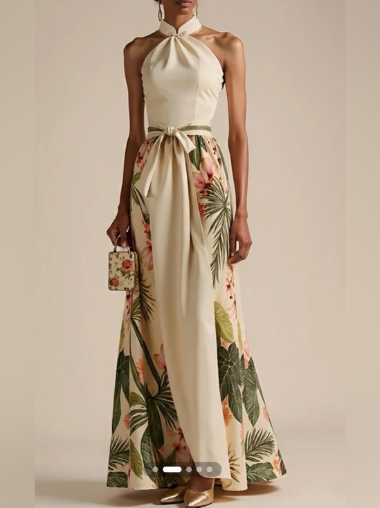 Fehaute Dresses & Skirts - Fehaute Beige Floral Bow Satin Halter A-Line Gown Dress - Beige - 6 - NWT